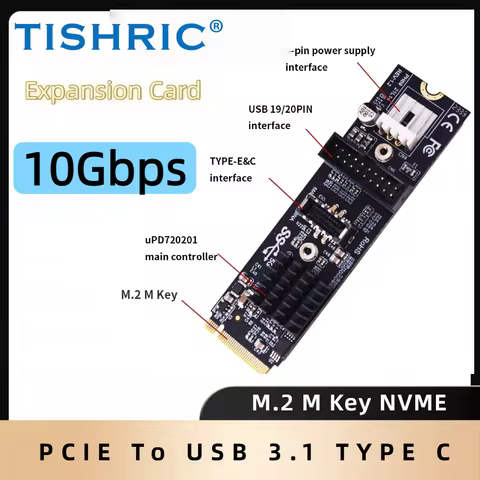 TISHRIC M.2 M Key NVME PCIE To USB 3.1 TYPE C Front Panel Expansion Card M2 NVME To Dual TYPE-E Adap