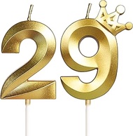 29th Birthday Candles for Cake, Number 29 Gold Candles with Crown, 3D Design Birthday Cake Topper fo