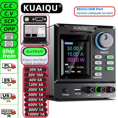 KUAIQU High Voltage 1000V Programmable RS232 Communication DC Power Supply 30V 10A Adjustable Lab Po