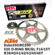 RK Sprocket Set KTM Duke 250 / RC250 520 KLO O-Ring Black /Gold Chain 14/15T-39/40/41/42/43/45/46T Duke250 Rantai Hitam