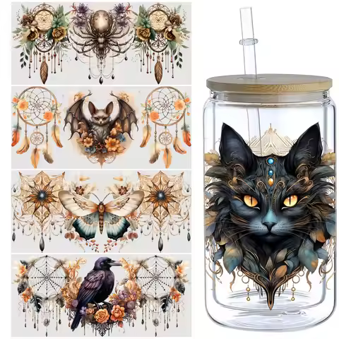 5 Sheets Boho Horror UV DTF Cup Stickers 16 oz, DTF Friction Transfer Stickers, Waterproof Dream Cat
