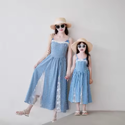 Family Match Outfit Mother Daughter Dress Lace Baby Girl Dress Woman Elegant Plaid Cottagecore Style