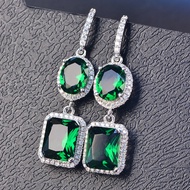 Real Shot❤ 223 Green Emerald Hook Earrings 18K White Gold Square and Round Cut Gemstone Diamond Pend
