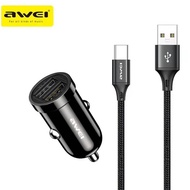 Awei C-826T Dual Port Charger for Cars and Aerox V1V2 Nmax V1V2 with Type C usb cable