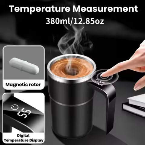 Multifunctional mug with automatic magnetic stirring coffee cup featuring temperature display and re