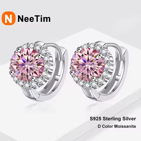 NeeTim 0.5ct 1ct Pink Moissanite Earrings Women S925 Silver Black Blue Green Grey Rainbow Lab Diamon