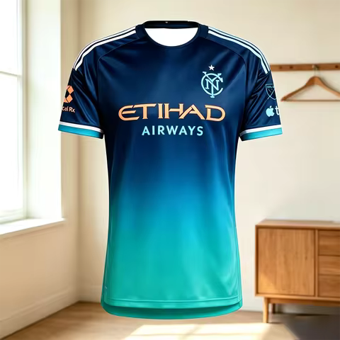 Men NYCFC Black Away Soccer Jersey Etihad Airways Print Quick Dry Short Sleeve Crew Neck Football Fa