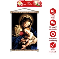 SA Catholic Wall Painting of the Virgin Mary TRUTH AND BEAUTY, Sequin Silk Fabric, Wooden Frame 40x6