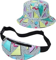2 Pcs 80s 90s Fanny Pack Bucket Hat Waist Bag 80s 90s Outfit Retro Summer Sports Party Fashion Acces