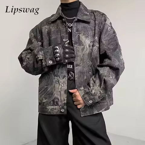 Vintage Y2K Mens Denim Jacket Coat 2024 Autumn Fashionable Turn-down Collar Jean Jackets For Men Cas