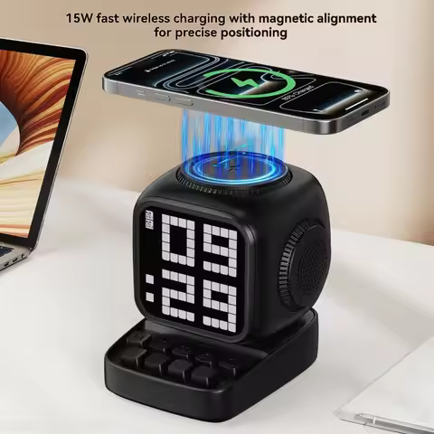 Cute Robot Style Alarm Clock with Bluetooth Speaker 15W Wireless Charging and Sleep Aid White Noise 