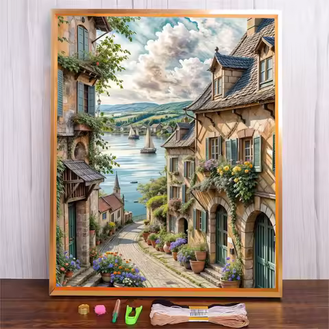 DIY Cross Stitch Seaside Town Building Printed Canvas Embroidery Fantasy Handicraft Landscape Art Ki