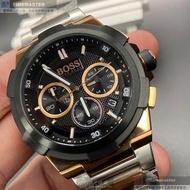 BOSS手錶,編號HB1513358,46mm黑金圓形精鋼錶殼,黑色三眼錶面,金銀相間精鋼錶帶款,自用送人都不錯!