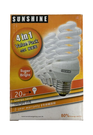 陽光 - S20E27 S20慳電膽燈泡燈膽 (螺旋型燈膽) 20W E27大螺頭 白光6400K 黃光2700K (4支裝)