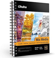 Mix Media Pad, Ohuhu 254 x 193 mm Mixed Media Art Sketchbook, 120 LB/200 GSM Heavyweight Papers 62 Sheets/124 Pages, Spiral Bound Mixed Media Paper Pad for Acrylic, Painting Gift