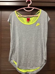 正版 Nike 女生 全新 螢光黃&amp;灰 透氣網布 背心 設計 短袖 T桖