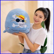 ZY1 One Piece Laboon Plushie Pillow Blue Whale Stuffed Toy With Straw Hat Jolly Roger Pattern Cushio