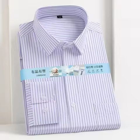 Men Formal Shirt Long Sleeve Office Solid Color Striped Fashion Business Pocket White Social Pocket 