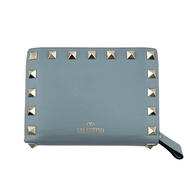 二手Valentino Garavani Garavani 雙鉤鉚釘設計迷你錢包，對折錢包，品牌名稱，零錢包，鈔票夾，藍色