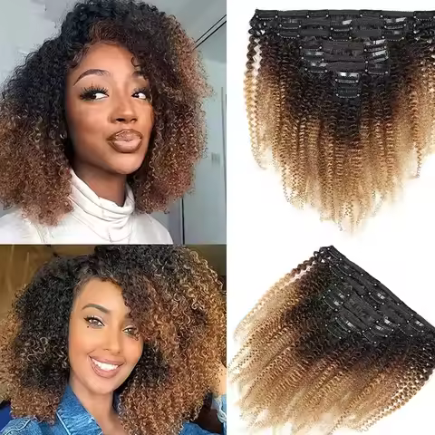 T1b/4/27 Ombre Colored 3 Tone Afro Kinky Curly Clip-In Hair Extension 100% Human Hair 8 Pieces Clips