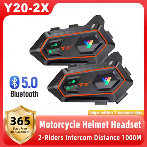 Y20-2X Motorcycle Helmet Bluetooth Headset 2-Riders Intercom 1000M RGB Light IPX6 Waterproof BT5.0 V