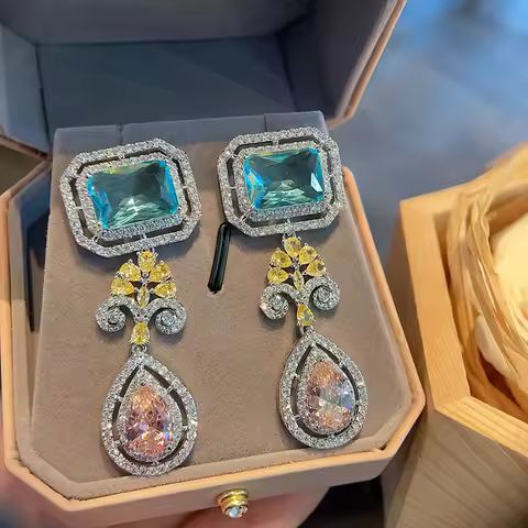 Green square earrings exaggerate the atmosphere colorful cubic zirconia earrings