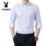 Playboy Men's Solid Color Long Sleeve Shirt 2021 Spring New Loose Business Shirt bamboo fiber High-grade shirt men（M-5XL）