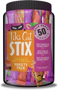 Tiki s Stix Single-Serve Wet Cat Treats Variety Mega Jar 50 Count 25 Oz .Jar (0.5 Oz ./Stick)L8