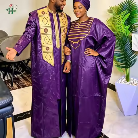 H&D Purple Bazin Riche Embroidery Dresses on Clearance Sale African Clothing For Couple Traditional 