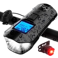 LED Bike Light Set with Bicycle Speedometer mph, USB Rechargeable Bike Computer with Loud Bike Bell, Waterproof Bike Odometer and Tail Light