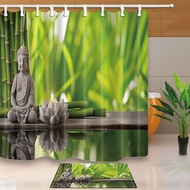 Bathroom Shower Curtains Buddha Statue Bamboo Bath Screens Home Decor Polyester Fabric Waterproof and Mildew Proof with 12 Hooks
