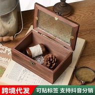 [in stock] Begonia Glass Storage Box Retro Wood Desktop Sundries Organizer Flip Wooden Box Dresser D