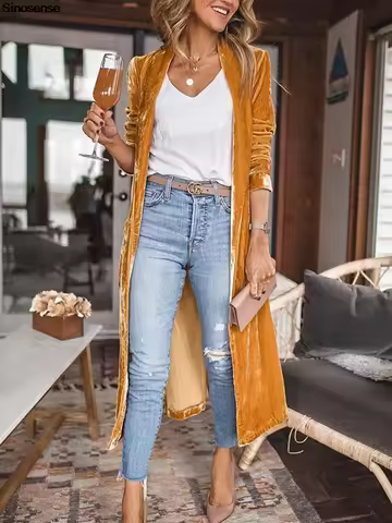Women Solid Long Sleeve Velvet Jacket Lapel Collar Open Front Long Cardigan Coat With Pockets Fall F