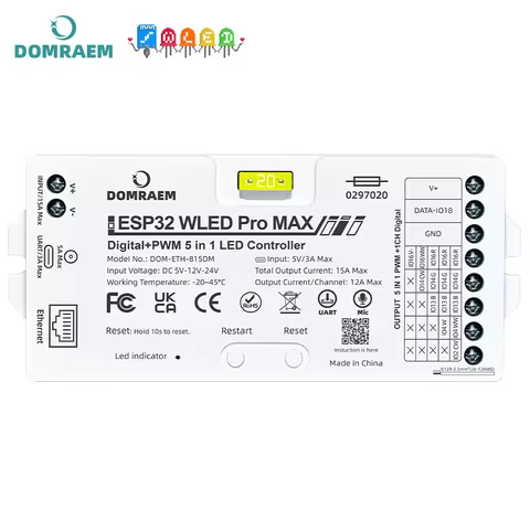 DOMRAEM ESP32 WLED All in One LED Controller Pro/Pro MAX Digital+PWM 5IN1 Ethernet/WiFi Music Sync A