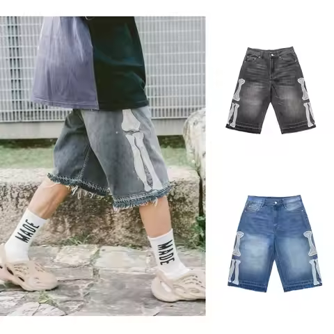 New Kapital Vintage Hirata and Hongri Retro Embroidered Bone Loose Straight Denim Shorts for Men