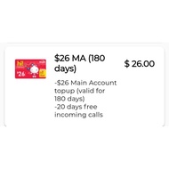 Singtel Prepaid $26 Main Account (180 Days) / Top Up / Renew / Recharge