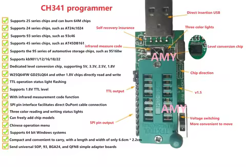 CH341A Programmer V1.7 1.8V Level Conversion W25Q64FW W25Q128FW GD25LQ64