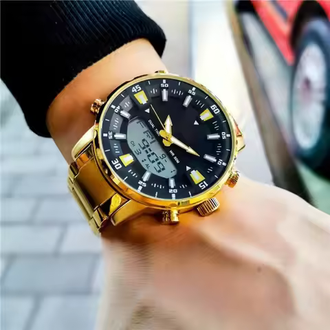 "Large Dial, Half-Moon-Shaped Stainless Steel Strap, Luminous Quartz Watch | Dual Calendar Window + 