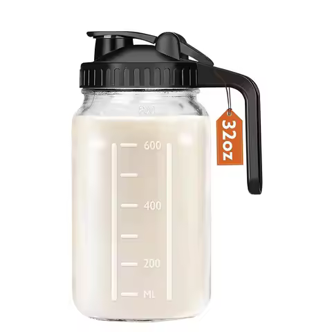 Breast Milk Pitcher, 32OZ Mason Jar Pitcher with Lid Double Leak Proof,1 Quart Glass Jug for Sun Tea