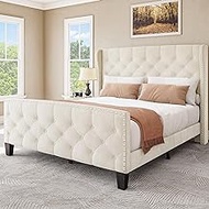 YITAHOME Bed Frame Queen Size, Platform Bed with Velvet Headboard &amp; Footboard, Wingback Upholstered Bed Frame Mattress Foundation, No Box Spring Needed, Beige