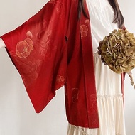 日本製和風梅花印花橘紅色緞面古著羽織和服外套