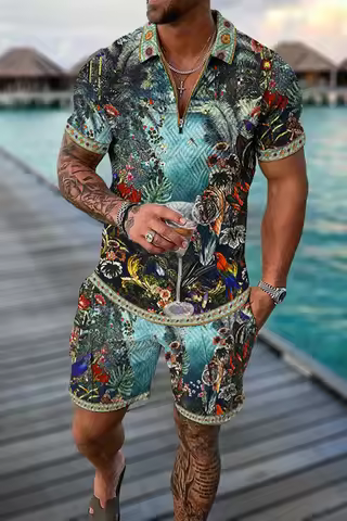 2023 Summer Men's Set Fashion Casual 3D Printing V-Neck Zipper Short Sleeve POLO Shirt Shorts Men's