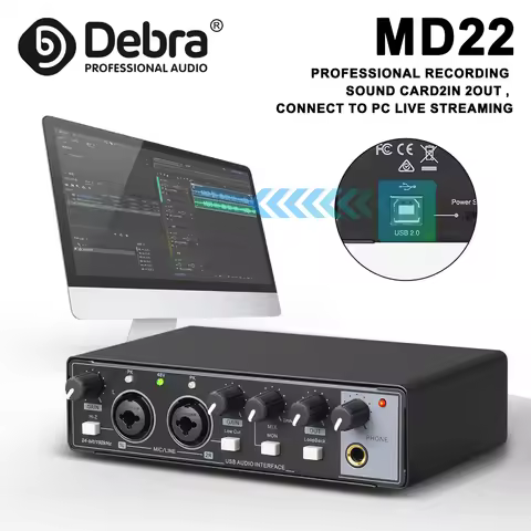 Debra MD22 Professional Audio Sound Card Monitor with 24-bit/192 kHz AD Converter for Guitar Recordi