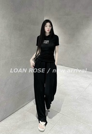 Sét bộ nữ thời trang QC mặc đi chơi chất tăm lạnh áo ôm cỏ tròn tay ngắn in chữ miumiu mix quần dài