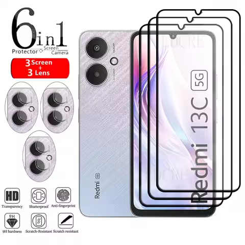 6-in-1 For Xiaomi Redmi 13C 5G Glass Redmi 13C 5G Tempered Glass Full Cover Glue 9H HD Screen Protec