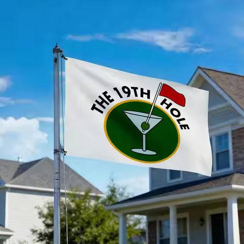 1pc THE 19TH HOLE Martini Glass Flag Banner, Green Circle with Yellow Border, Blue Liquid & Olive St