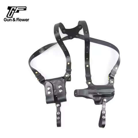 Gun&Flower Shoulder Carry Pistol Leather Holster with Double Mag Pouch Outdoor Tactical Gun Holder F