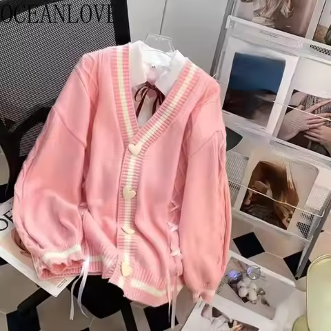 OCEANLOVE Japanese Style Kawaii Women Cardigans Preppy Style Autumn Winter Sweaters Stripes Loose Wa