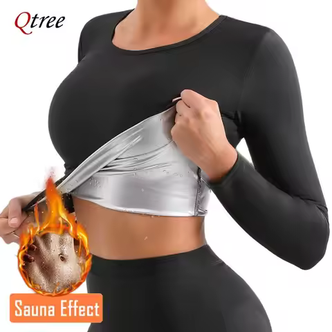 Qtree Body Shaper Sauna Suits Sweat Slimming Waist Trainer Long Sleeve Shirt Women Workout Tummy Con