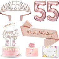 55th Birthday Decorations for Women, 55th Birthday Sash and Crown, Cake Topper, Number Candles and B